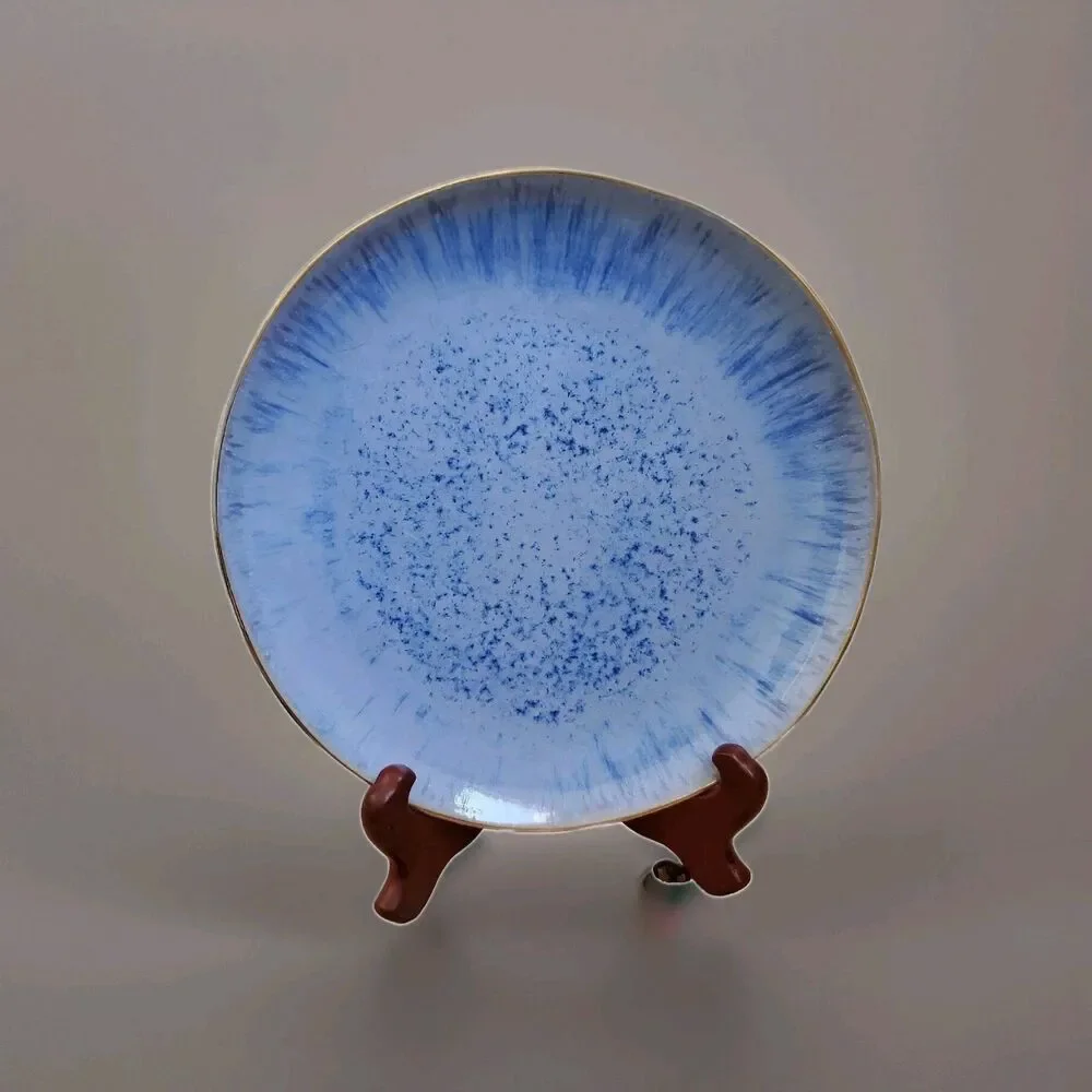 Anthropologie Plate Blue Speckled Gold Rim Dessert Salad Lunch Party Luxury 9